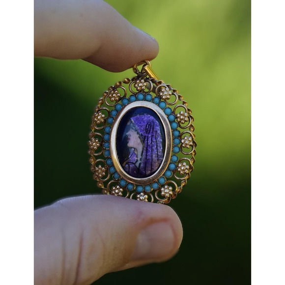 Antique 20k Solid Yellow Gold Filigree Enamel Cameo Turqiouse Pendant Portugal - Picture 3 of 10